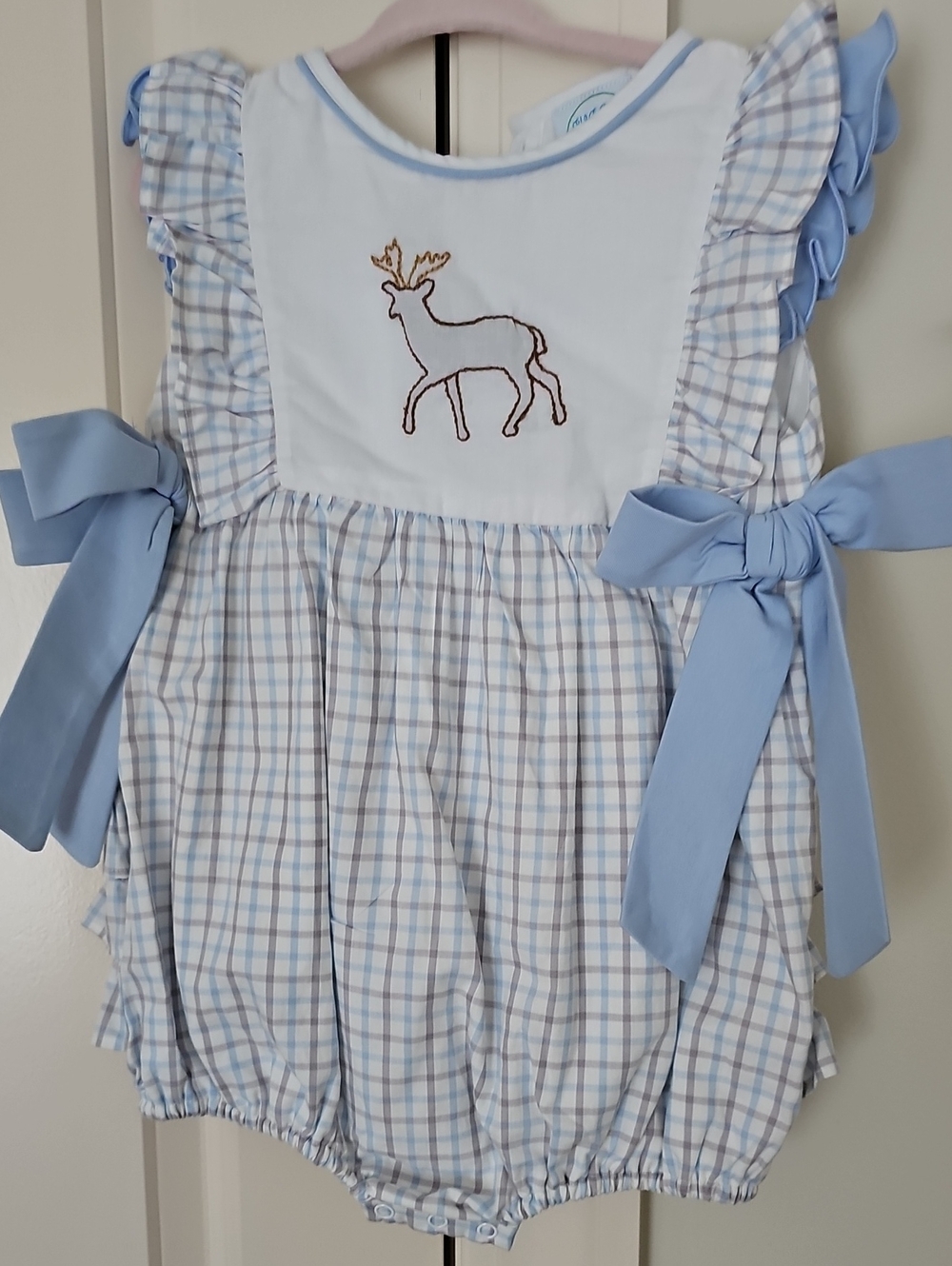 Sugar Dumplin Kids Pastel Plaid Bubble Romper with Embroidered Deer 2t